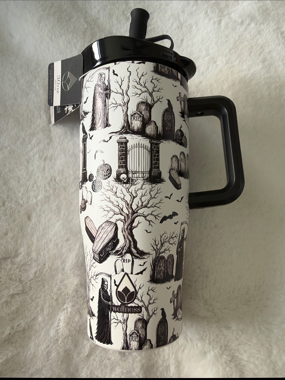 Halloween Graveyard Travel Mug - Black and White